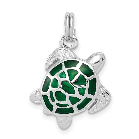 Sterling Silver Rhodium-plated Green Enamel Turtle Charm Image 1