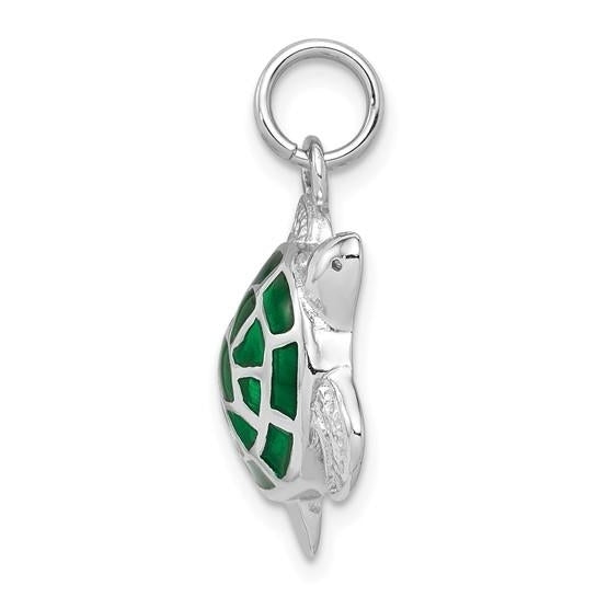 Sterling Silver Rhodium-plated Green Enamel Turtle Charm Image 2