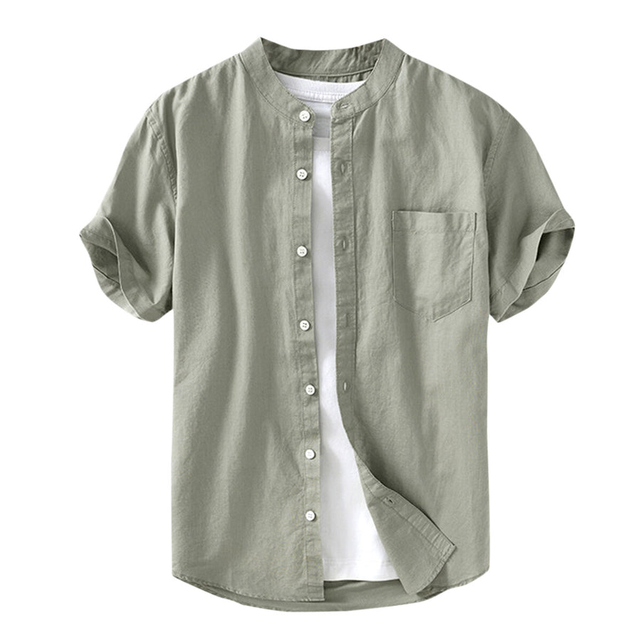 Cloudstyle Men Short Sleeve Button Down Casual Shirts Stand Color Work Cotton Male Shirts Image 1