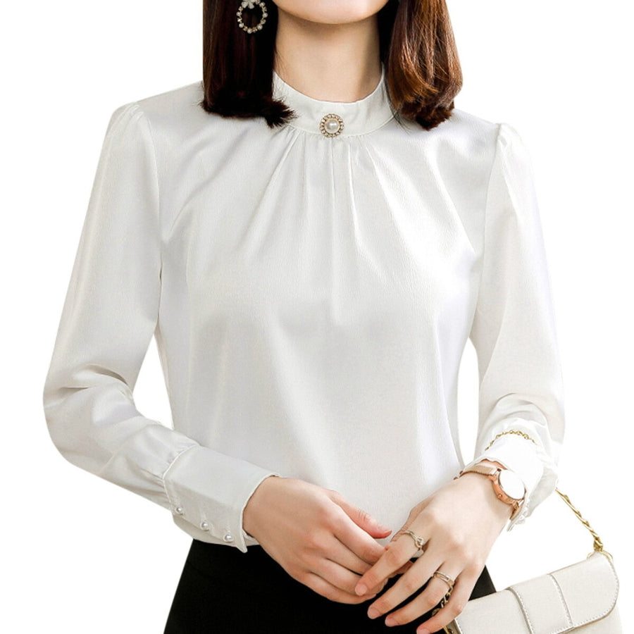 Women Solid Color Round-neck Long-Sleeved Shirt Soft Commuting Fashion Casual Elegant Top Large Size Image 1