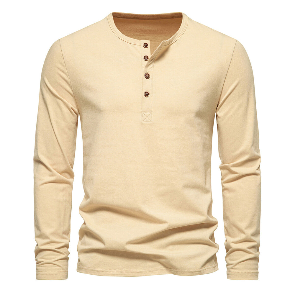 Cloudstyle Mens Shirt Solid Color Four-Button Henley Collar Long Sleeve T-Shirt Image 2