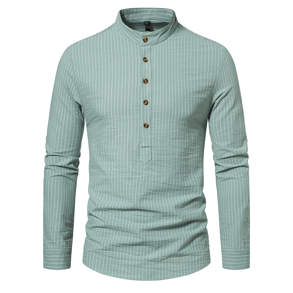 Cloudstyle Men Shirt Henley Collar Striped Long Sleeve Soft Casual Image 2