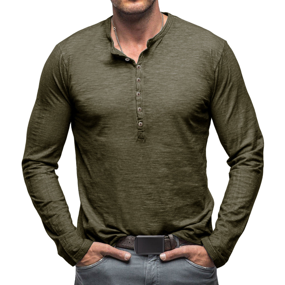 Cloudstyle Mens Long Sleeve T-shirt Round Neck Vintage Style Top Multiple Buttons Image 2