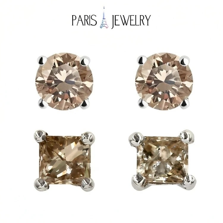 Paris Jewelry 18k White Gold 2 Pair Created Champagne 4mm 6mm Round and Princess Cut Stud Earrings Plated Image 1