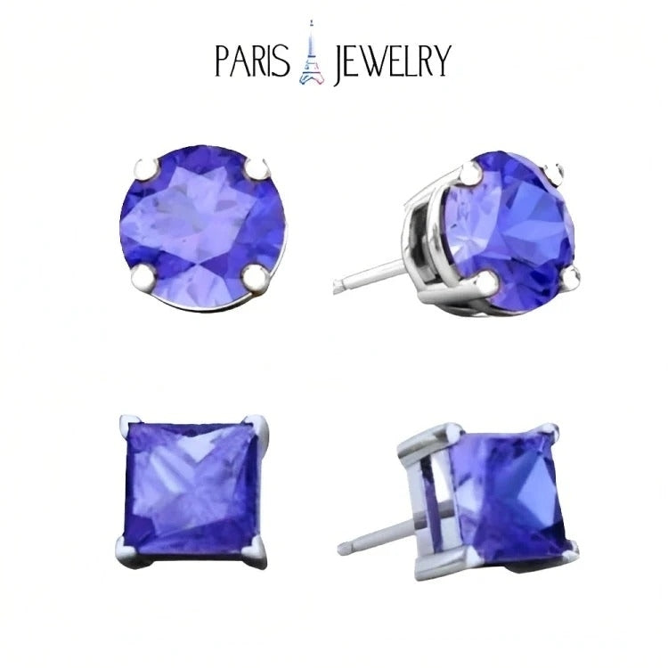 Paris Jewelry 18k White Gold 2 Pair Created Tanzanite 4mm 6mm Round and Princess Cut Stud Earrings Plated Image 1