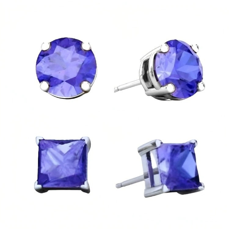 Paris Jewelry 18k White Gold 2 Pair Created Tanzanite 4mm 6mm Round and Princess Cut Stud Earrings Plated Image 2