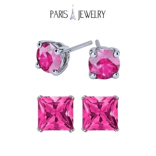 Paris Jewelry 18k White Gold 2 Pair Created Tourmaline 4mm 6mm Round and Princess Cut Stud Earrings Plated Image 1