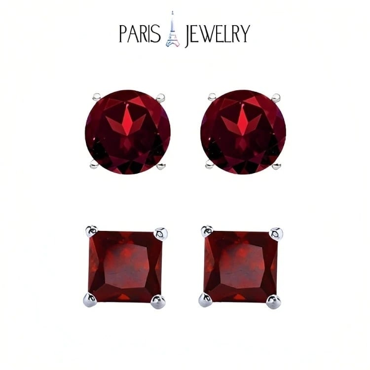 Paris Jewelry 18k White Gold 2 Pair Created Garnet 4mm 6mm Round and Princess Cut Stud Earrings Plated Image 1