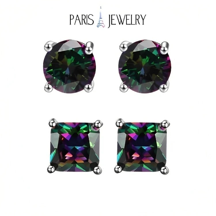 Paris Jewelry 18k White Gold 2 Pair Created Mystic 4mm 6mm Round and Princess Cut Stud Earrings Plated Image 1