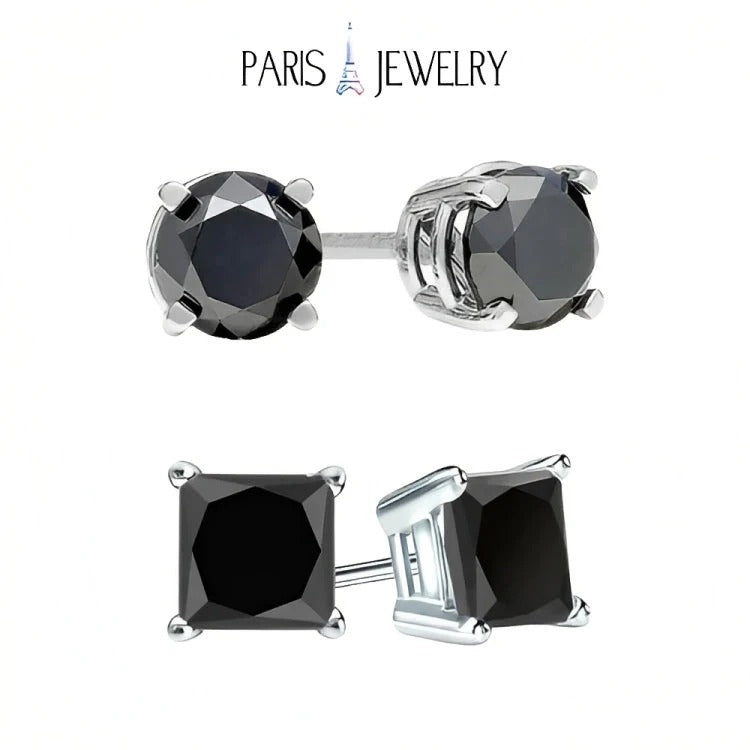 Paris Jewelry 18k White Gold 2 Pair Created Black Sapphire 4mm 6mm Round and Princess Cut Stud Earrings Plated Image 1