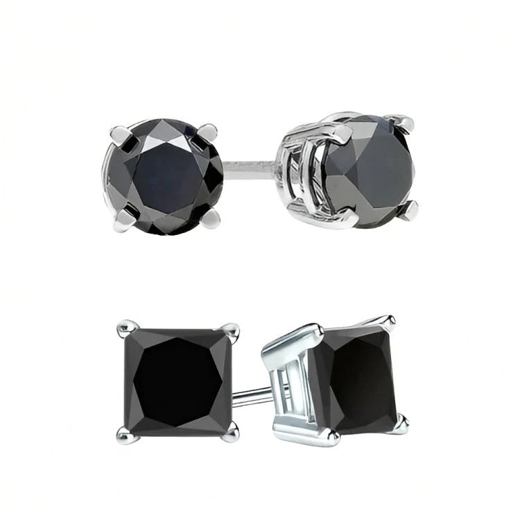 Paris Jewelry 18k White Gold 2 Pair Created Black Sapphire 4mm 6mm Round and Princess Cut Stud Earrings Plated Image 2