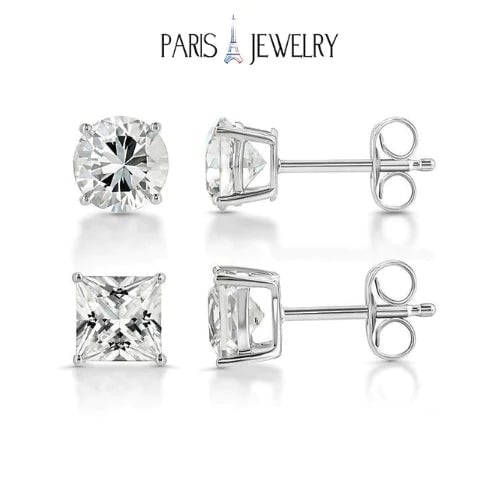 Paris Jewelry 18k White Gold 2 Pair Created White Sapphire 4mm 6mm Round and Princess Cut Stud Earrings Plated Image 1