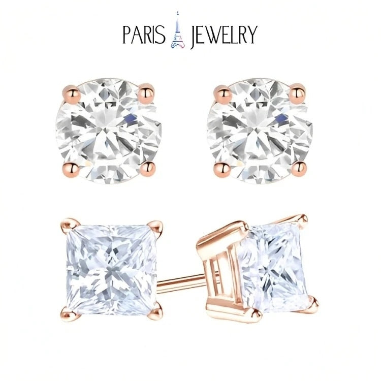 Paris Jewelry 18k Rose Gold 2 Pair Created White Sapphire 4mm 6mm Round and Princess Cut Stud Earrings Plated Image 1