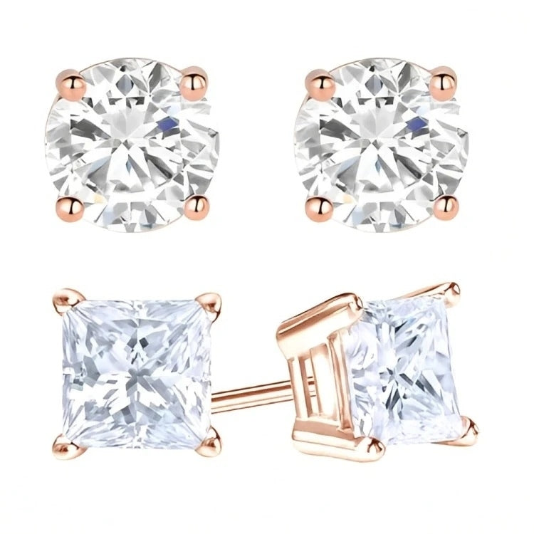 Paris Jewelry 18k Rose Gold 2 Pair Created White Sapphire 4mm 6mm Round and Princess Cut Stud Earrings Plated Image 2