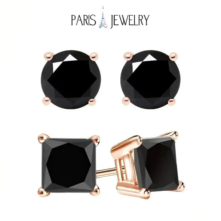Paris Jewelry 18k Rose Gold 2 Pair Created Black Sapphire 4mm 6mm Round and Princess Cut Stud Earrings Plated Image 1