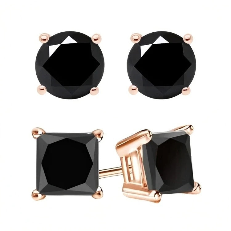 Paris Jewelry 18k Rose Gold 2 Pair Created Black Sapphire 4mm 6mm Round and Princess Cut Stud Earrings Plated Image 2