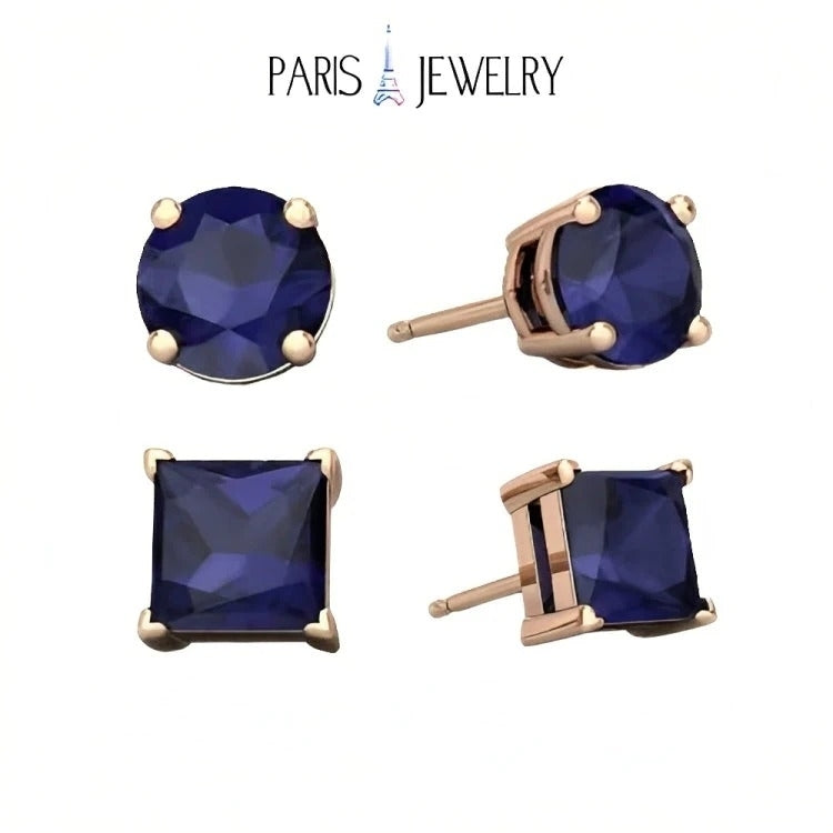Paris Jewelry 18k Rose Gold 2 Pair Created Blue Sapphire 4mm 6mm Round and Princess Cut Stud Earrings Plated Image 1