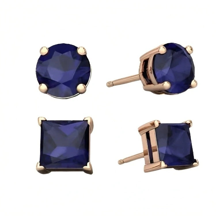 Paris Jewelry 18k Rose Gold 2 Pair Created Blue Sapphire 4mm 6mm Round and Princess Cut Stud Earrings Plated Image 2