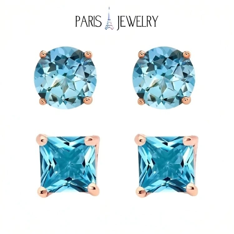 Paris Jewelry 18k Rose Gold 2 Pair Created Blue Topaz 4mm 6mm Round and Princess Cut Stud Earrings Plated Image 1