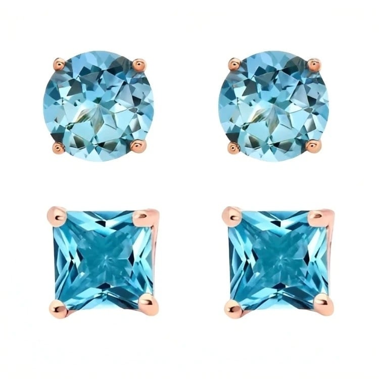 Paris Jewelry 18k Rose Gold 2 Pair Created Blue Topaz 4mm 6mm Round and Princess Cut Stud Earrings Plated Image 2