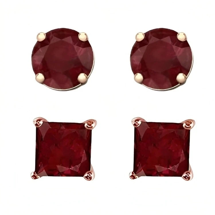 Paris Jewelry 18k Rose Gold 2 Pair Created Ruby 4mm 6mm Round and Princess Cut Stud Earrings Plated Image 2