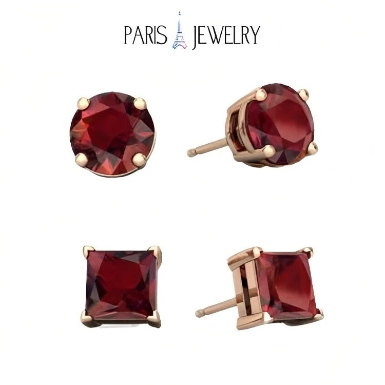 Paris Jewelry 18k Rose Gold 2 Pair Created Garnet 4mm 6mm Round and Princess Cut Stud Earrings Plated Image 1