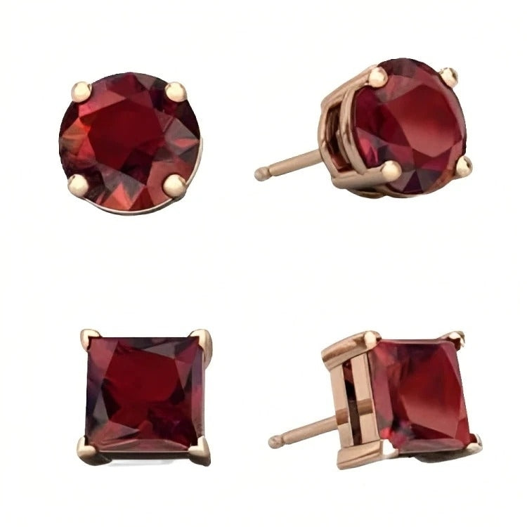 Paris Jewelry 18k Rose Gold 2 Pair Created Garnet 4mm 6mm Round and Princess Cut Stud Earrings Plated Image 2