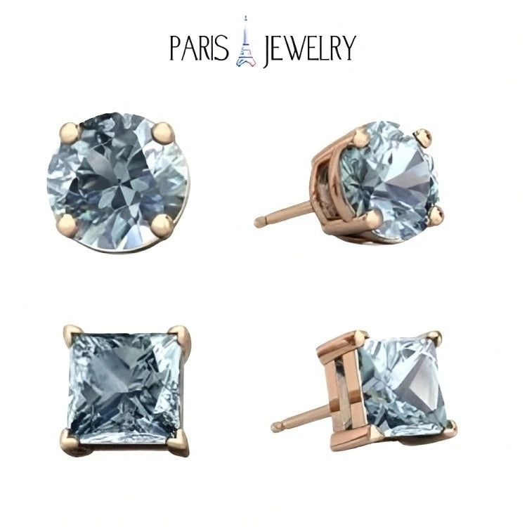 Paris Jewelry 18k Rose Gold 2 Pair Created Aquamarine 4mm 6mm Round and Princess Cut Stud Earrings Plated Image 1