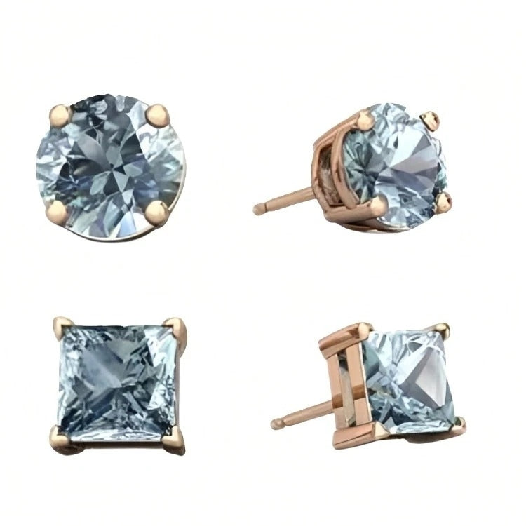 Paris Jewelry 18k Rose Gold 2 Pair Created Aquamarine 4mm 6mm Round and Princess Cut Stud Earrings Plated Image 2