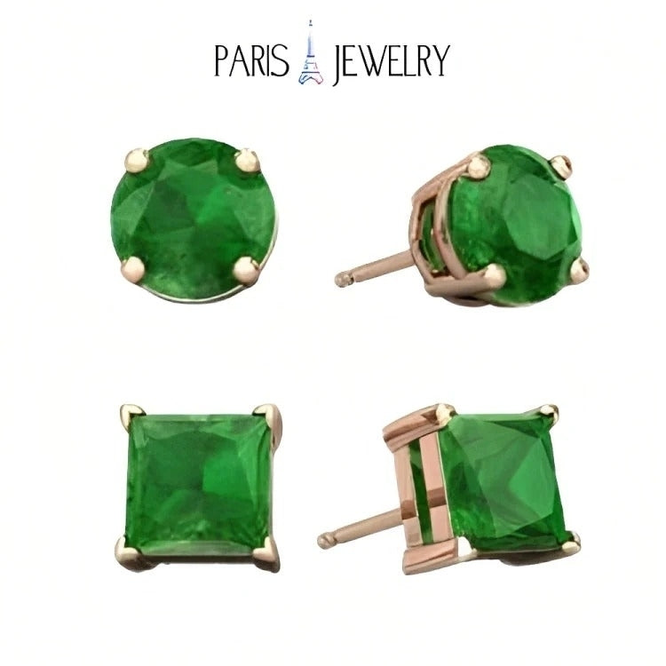 Paris Jewelry 18k Rose Gold 2 Pair Created Emerald 4mm 6mm Round and Princess Cut Stud Earrings Plated Image 1