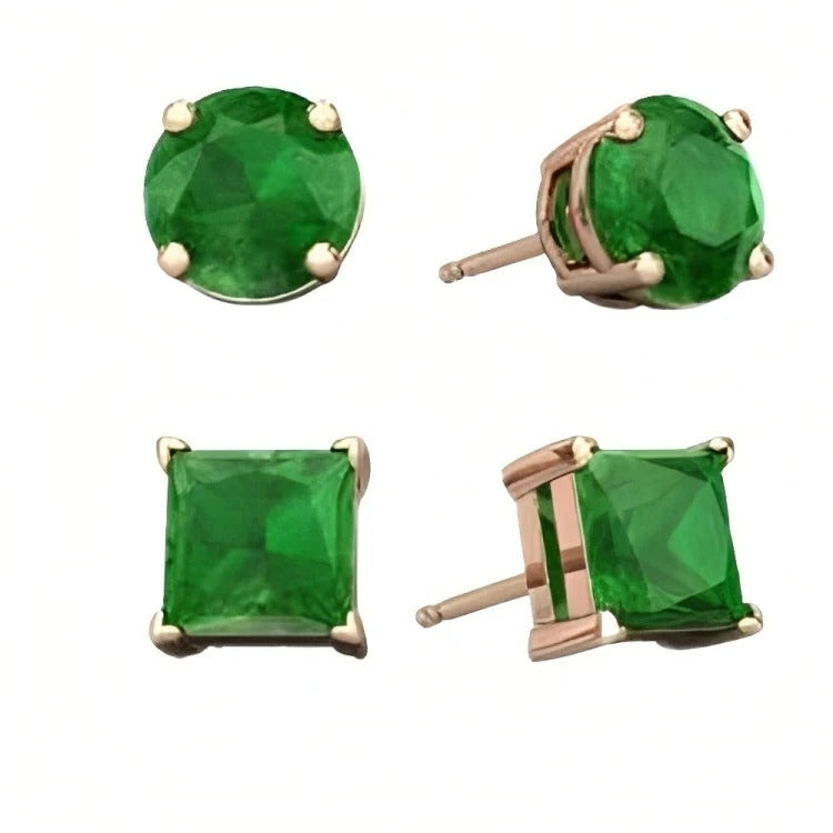 Paris Jewelry 18k Rose Gold 2 Pair Created Emerald 4mm 6mm Round and Princess Cut Stud Earrings Plated Image 2