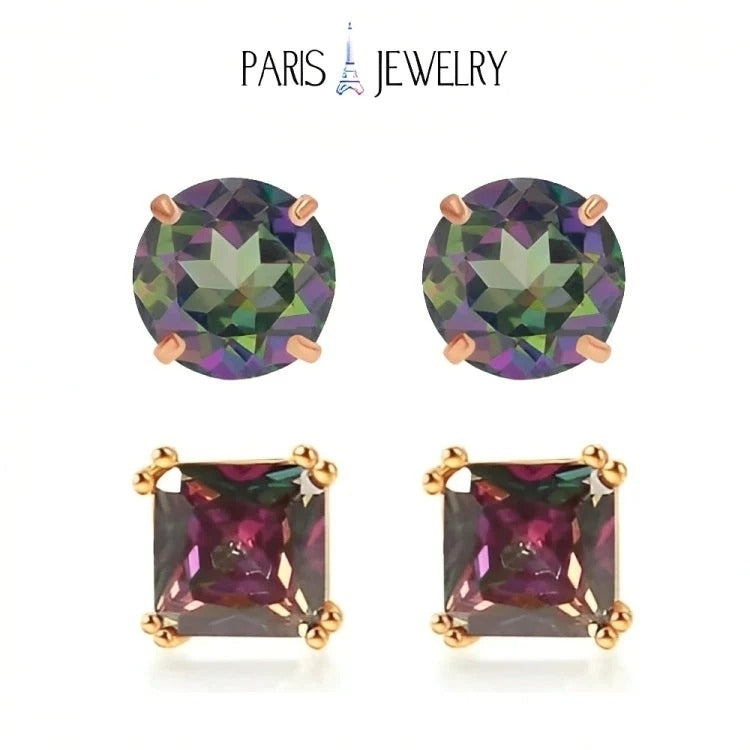 Paris Jewelry 18k Rose Gold 2 Pair Created Mystic 4mm 6mm Round and Princess Cut Stud Earrings Plated Image 1