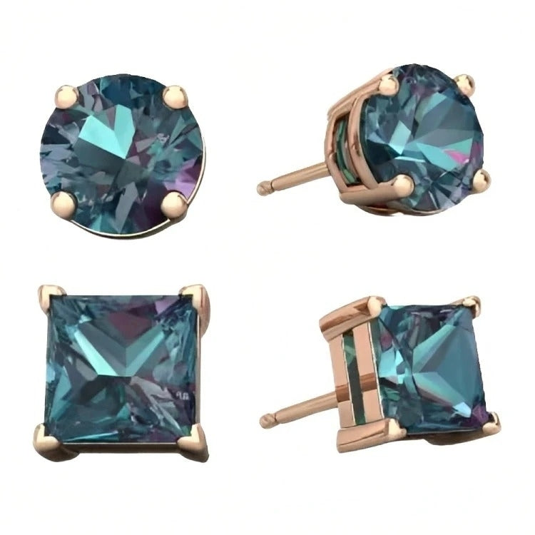 Paris Jewelry 18k Rose Gold 2 Pair Created Alexandrite 4mm 6mm Round and Princess Cut Stud Earrings Plated Image 2