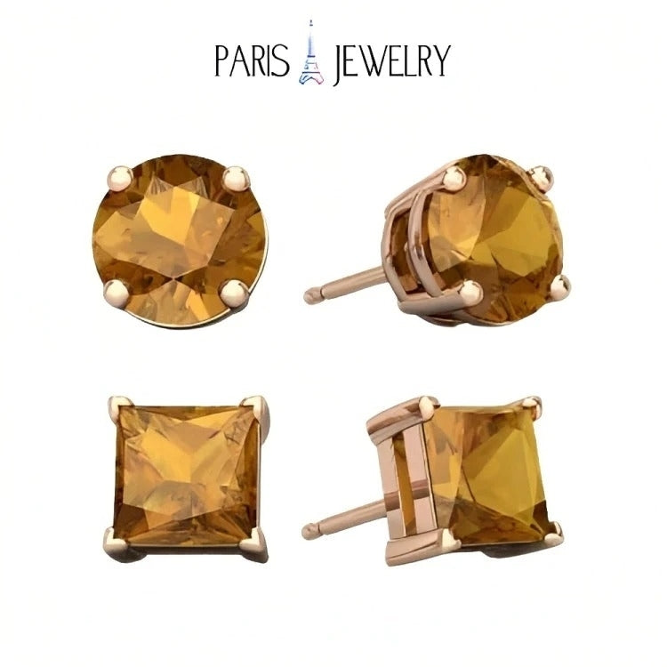 Paris Jewelry 18k Rose Gold 2 Pair Created Citrine 4mm 6mm Round and Princess Cut Stud Earrings Plated Image 1