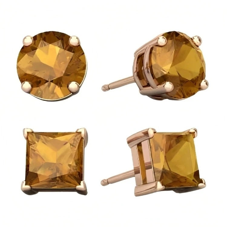 Paris Jewelry 18k Rose Gold 2 Pair Created Citrine 4mm 6mm Round and Princess Cut Stud Earrings Plated Image 2