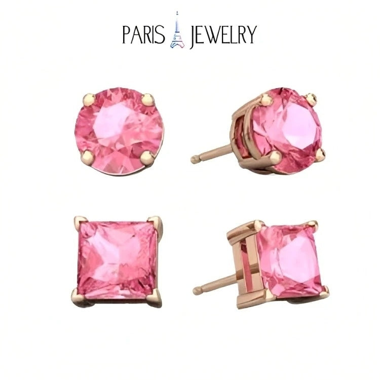 Paris Jewelry 18k Rose Gold 2 Pair Created Tourmaline 4mm 6mm Round and Princess Cut Stud Earrings Plated Image 1