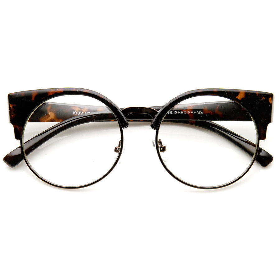 Womens Half Frame Semi-Rimless Clear Lens Cat eye Round Glasses - 9351 Image 1