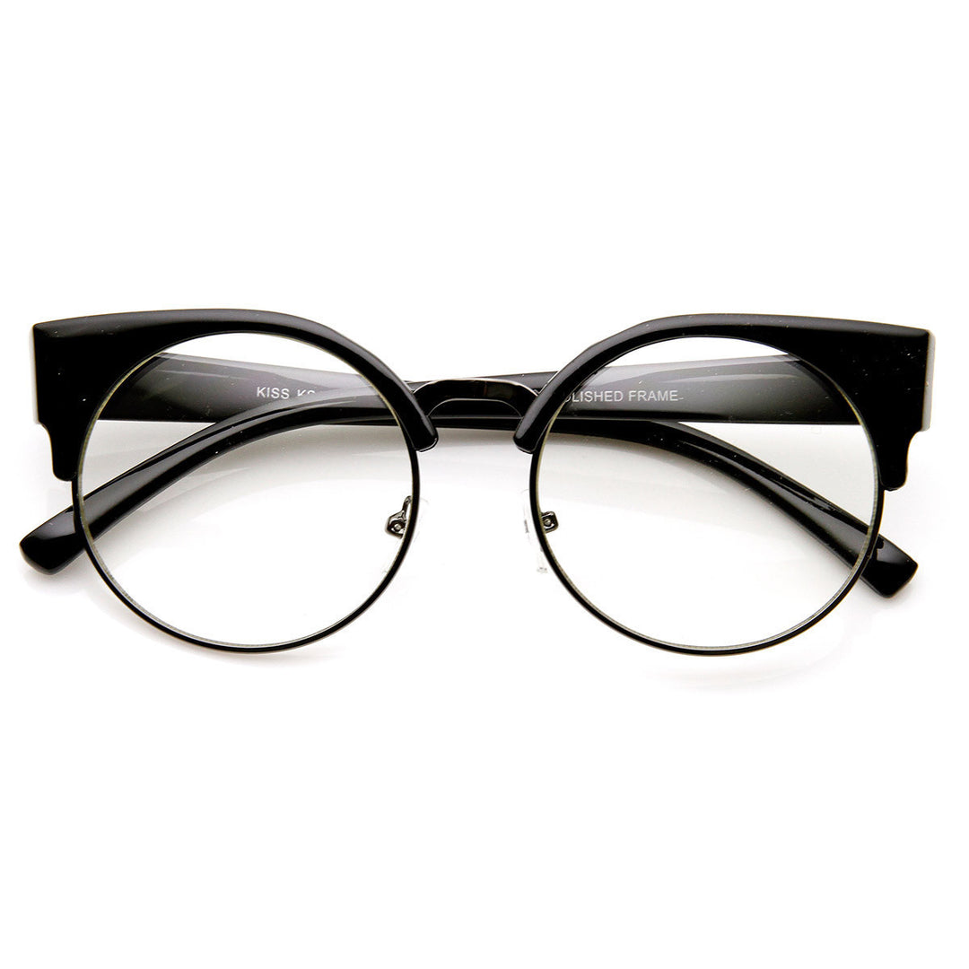 Womens Half Frame Semi-Rimless Clear Lens Cat eye Round Glasses - 9351 Image 2