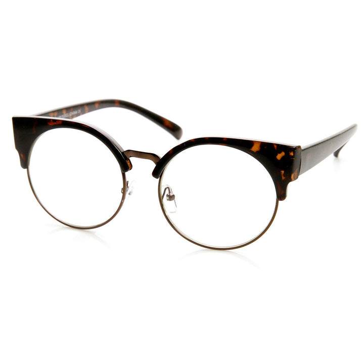 Womens Half Frame Semi-Rimless Clear Lens Cat eye Round Glasses - 9351 Image 4