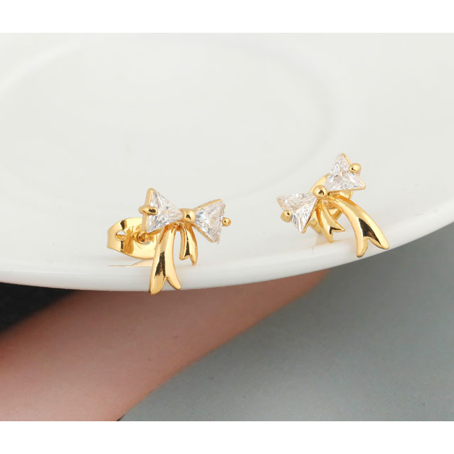 18k Yellow gold overlay sterling silver 1.25ct TGW CZ Diamond bow tie stub earrings Image 2