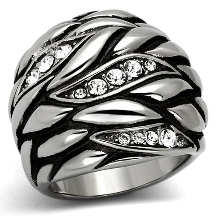 Womens Stainless Steel 316 Crystal Antique Leaf Design Dome Fashion Ring Image 1