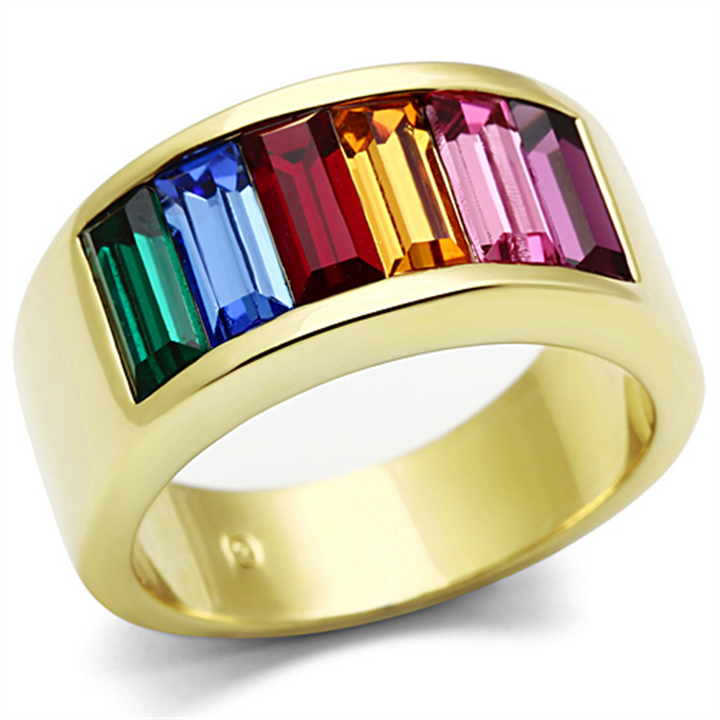 Womens Stainless Steel 316 Multi-Color Baguette Crystals Gold Plated Fashion Ring Image 1