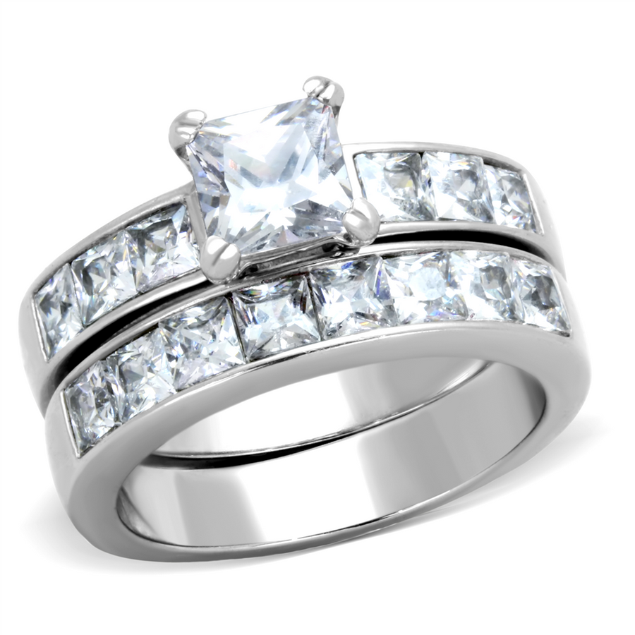 Womens Stainless Steel 316 Princess Cut 3.75 Carat Zirconia Wedding Ring Set Image 1