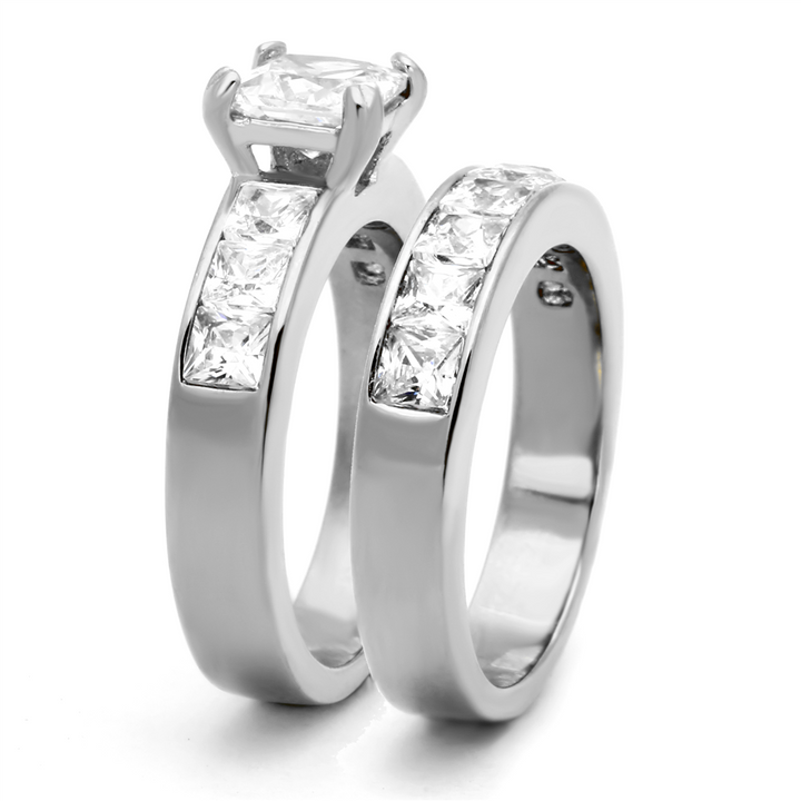 Women's Stainless Steel 316 Princess Cut 3.75 Carat Zirconia Wedding Ring Set Image 4