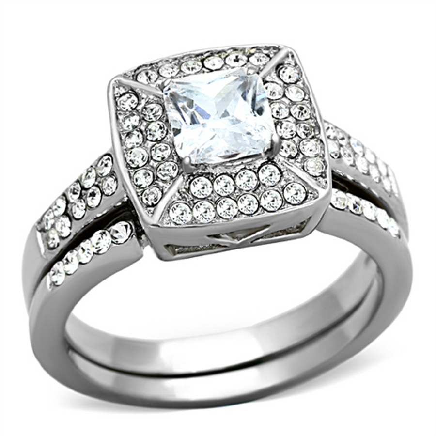 Womens Stainless Steel 316 Princess Cut 2.65 Ct Zirconia Halo Wedding Ring Set Image 1