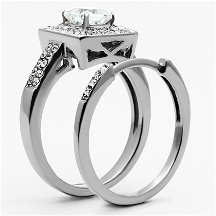 Womens Stainless Steel 316 Princess Cut 2.65 Ct Zirconia Halo Wedding Ring Set Image 4