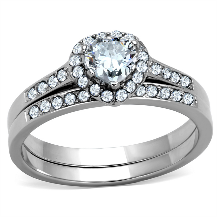 Women's Stainless Steel 316 Heart Cut .6 Carat Cubic Zirconia Wedding Ring Set Image 1