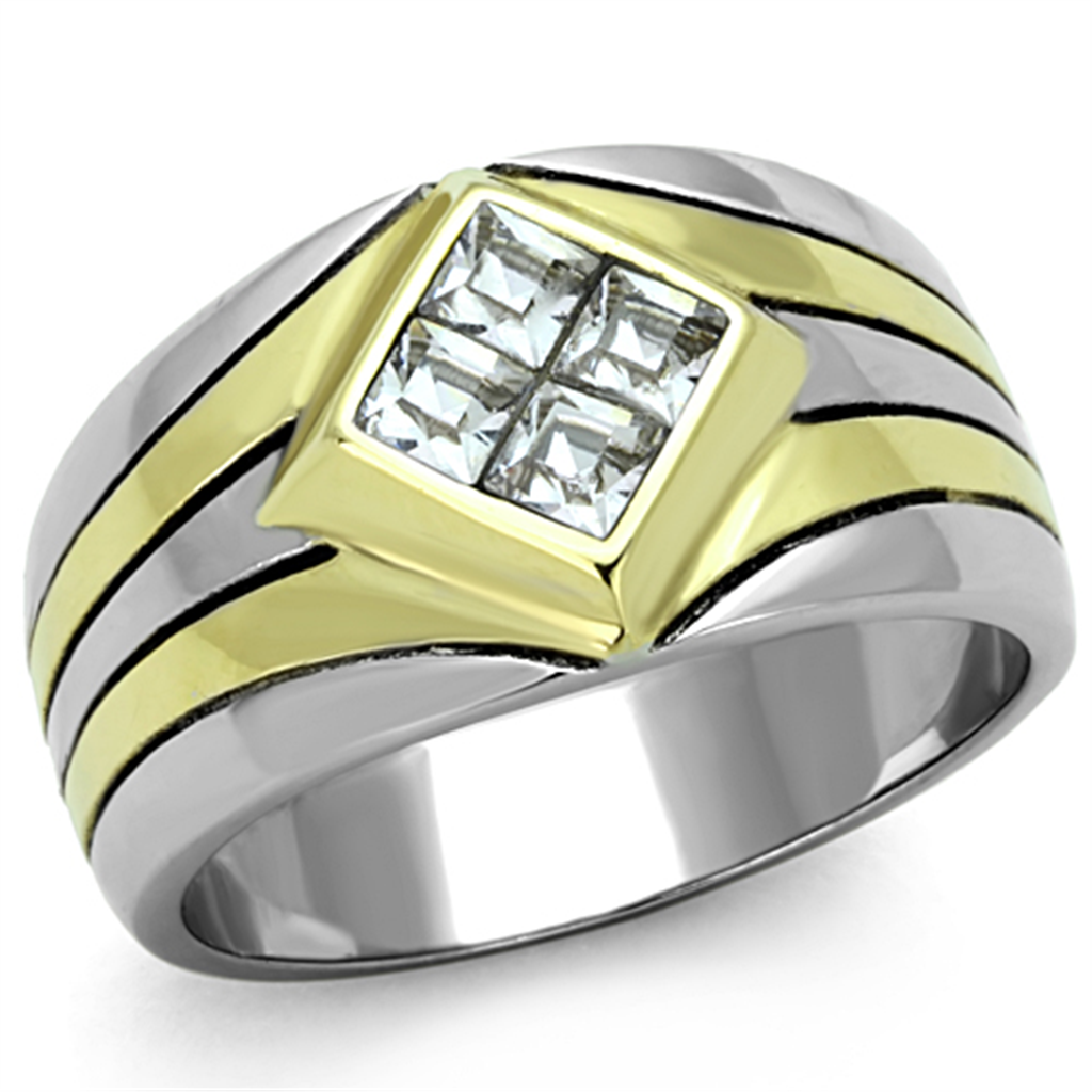 Mens Stainless Steel 316 Cushion Cut Flush Setting Crystal Two Toned Ring Image 1