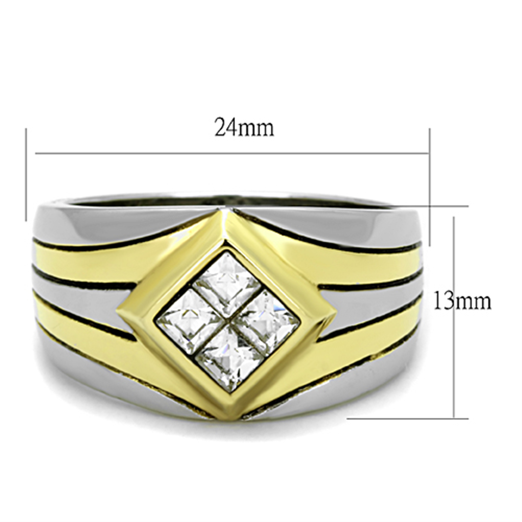 Mens Stainless Steel 316 Cushion Cut Flush Setting Crystal Two Toned Ring Image 2