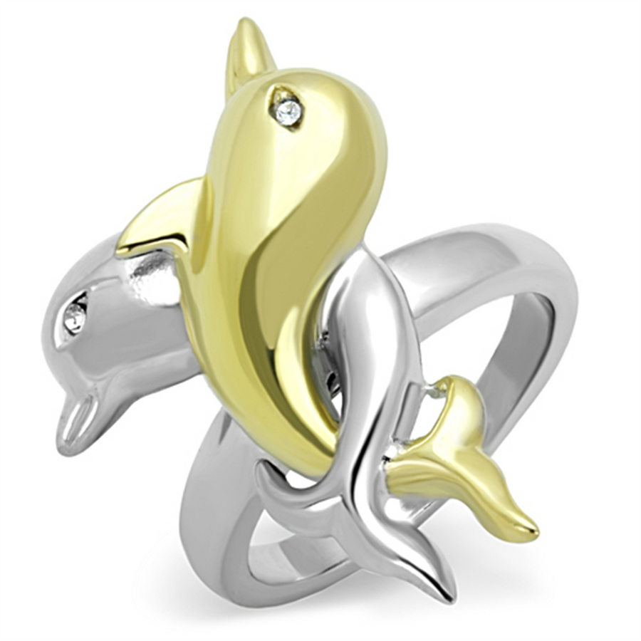 Womens Stainless Steel 316 Two Toned Plated Crystal Dolphin Fashion Ring Image 1